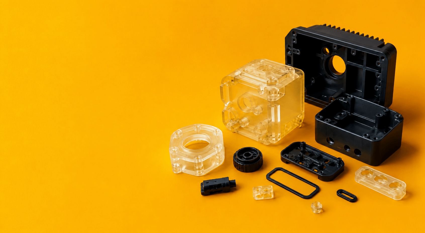 Vacuum cast prototype parts on a bright yellow surface