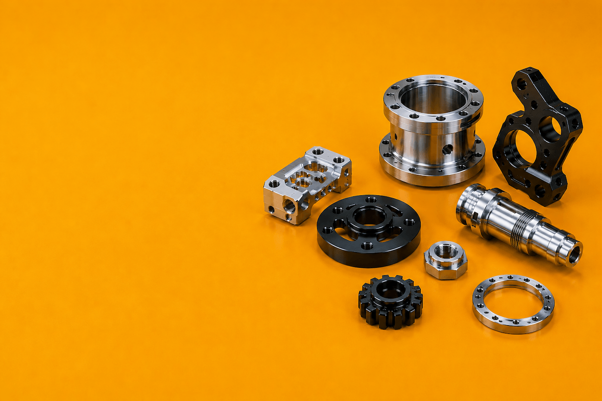 CNC machined parts on a bright yellow surface